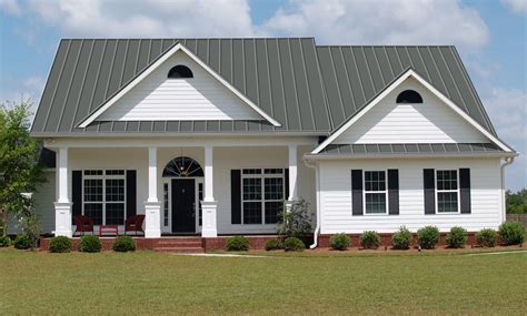 charcoal gray metal roof on white house with red shutters|green shutters for white house.